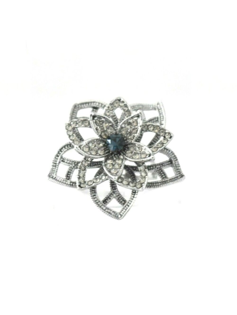 Blue Crystal Flower Ring Silver Rhinestone Statement Cocktail Jewelry Size 6.25 - Picture 2 of 8